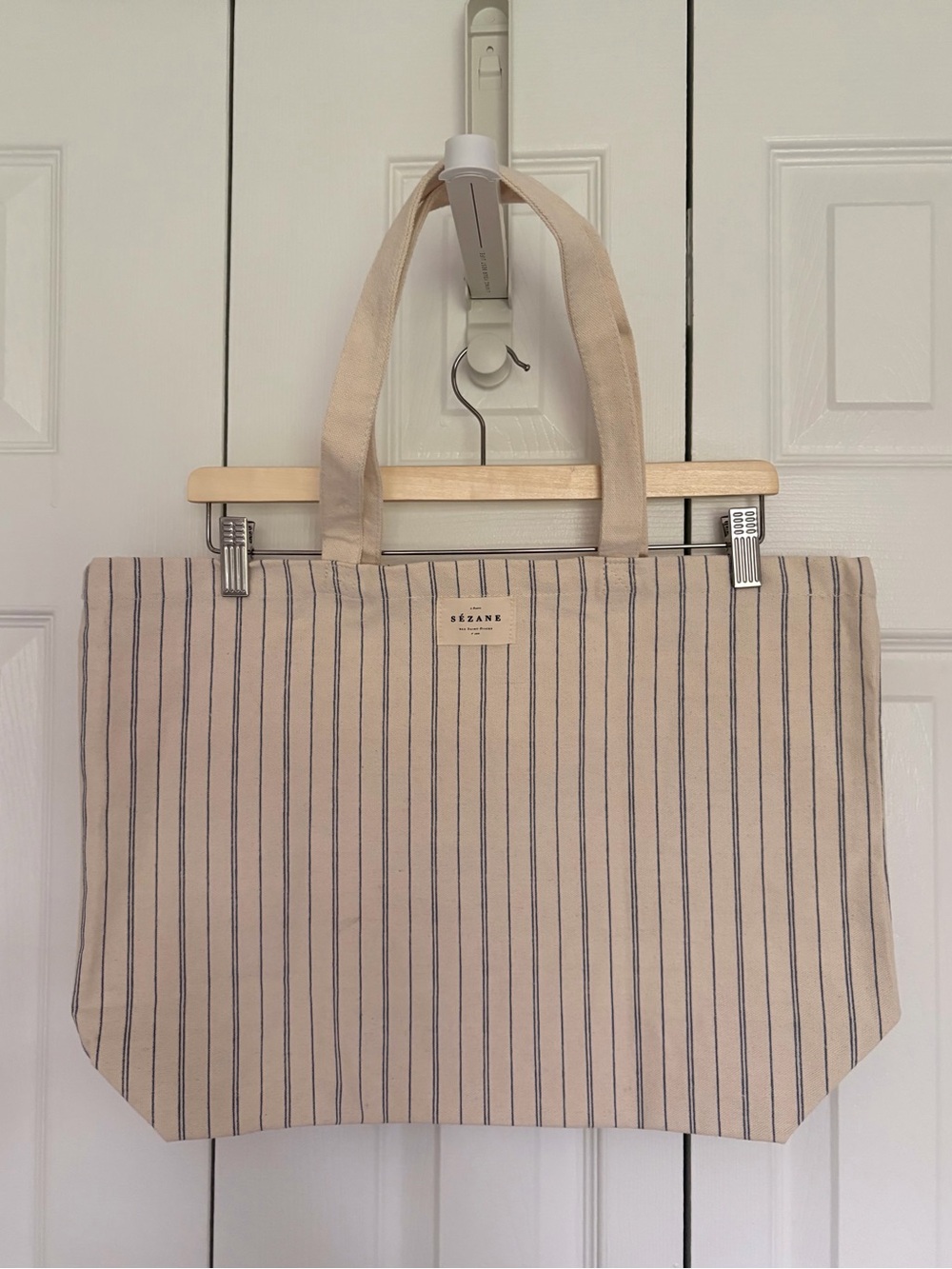 Sezane Natural Canvas Tote with Navy Pinstripes - NWOT